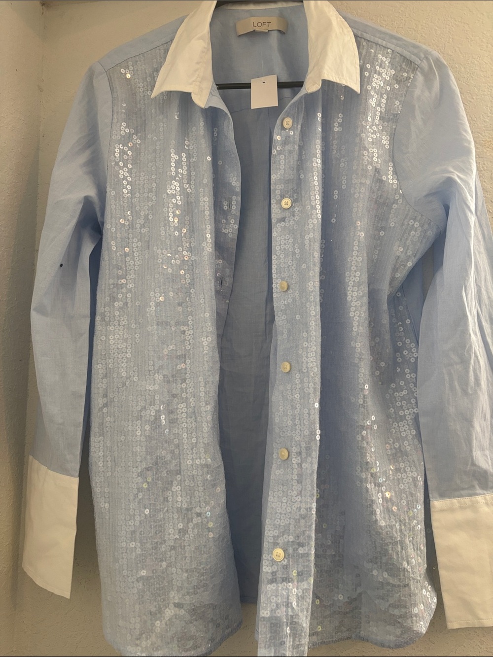 LOFT Light Blue Sequin Button-Down Shirt with White Collar